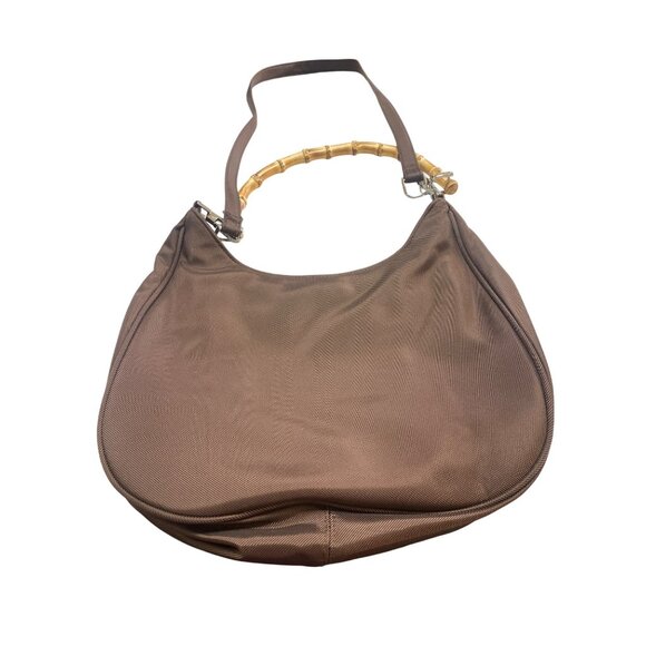 Vintage Avon Nylon Shoulder Bag Purse Bamboo Handle Brown - Picture 2 of 8
